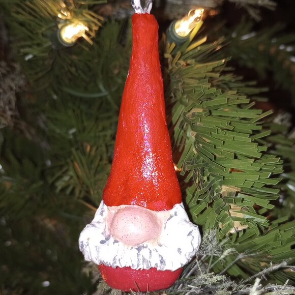 Red on Red Gnome Ornaments Christmas Pendant Handmade Original Folkart Set of 4 - Picture 1 of 8